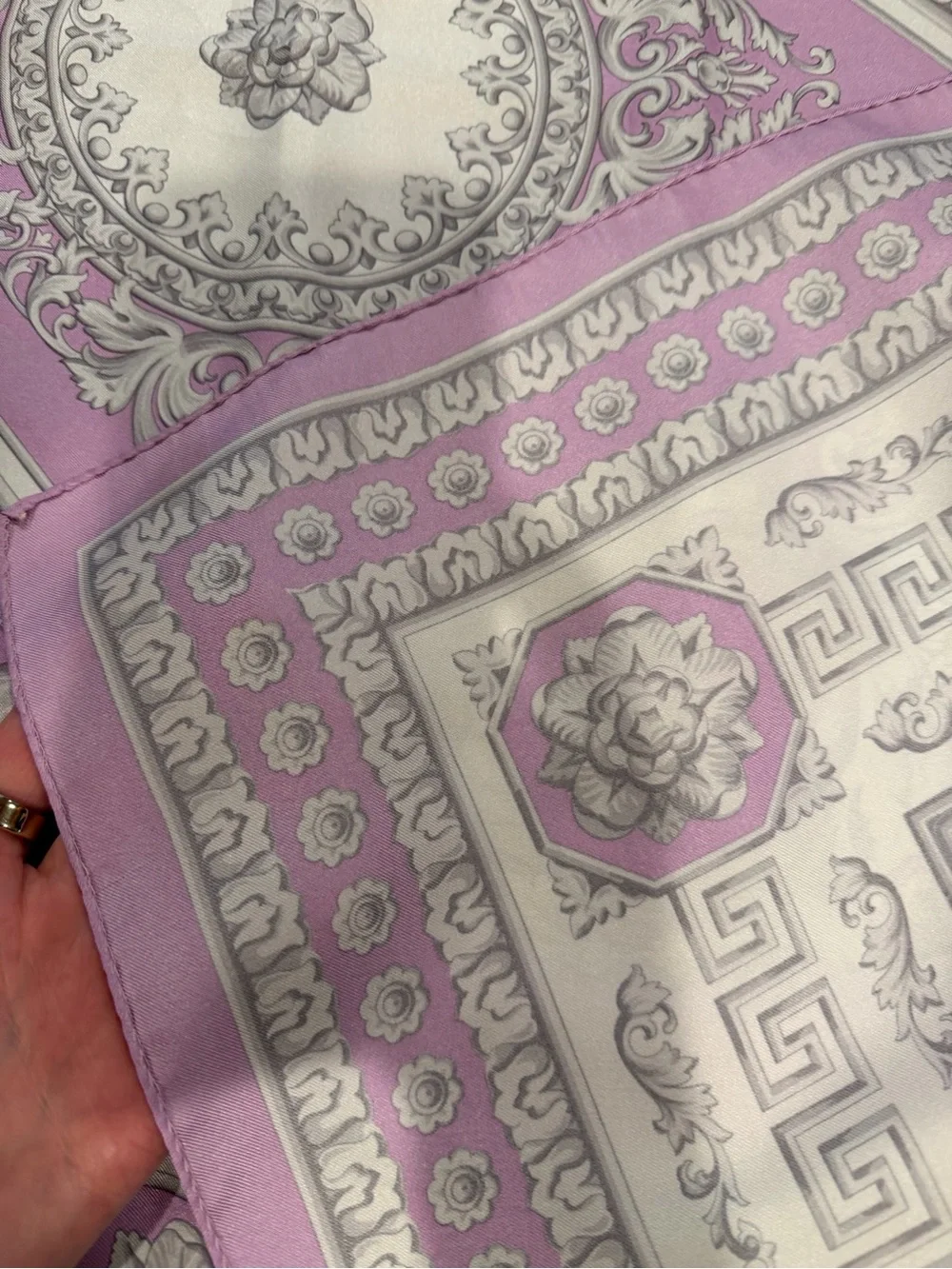 Authentic Versace Lilac and Gray Baroque Silk Scarf